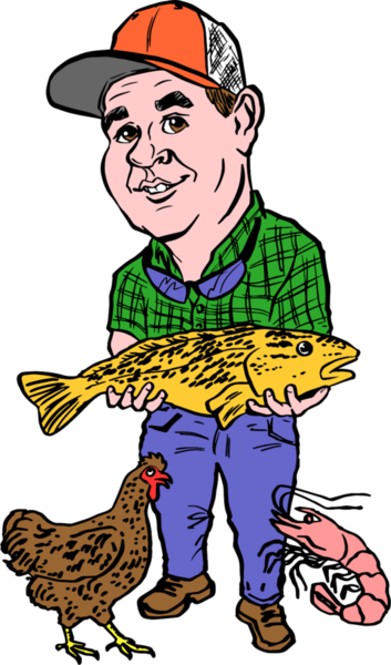 Uncle Al mascot — holding a fish with a chicken and shrimp at his side